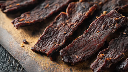 Fototapeta premium Close-Up of Savory Meat Jerky Strips, Arranged Neatly on a Rustic Board, Highlighting Their Dried Texture and Smoky Flavor
