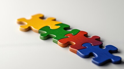 Fototapeta premium A close-up image of colorful puzzle pieces arranged in a line, showcasing vibrant colors and smooth surfaces, symbolizing connection and problem-solving.