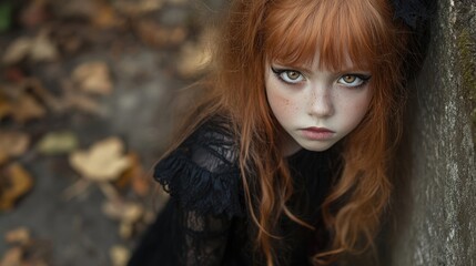 Fototapeta premium Redhead girl in a Halloween vampire costume outdoors, embodying the spirit of Halloween with a playful yet spooky vibe, perfect for themed imagery. Ample photo style copy space included.