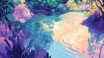 serene and colorful river scene with vibrant reflections and lush greenery