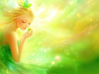 Fototapeta premium A serene illustration of a girl in a green dress, surrounded by a magical, glowing environment.