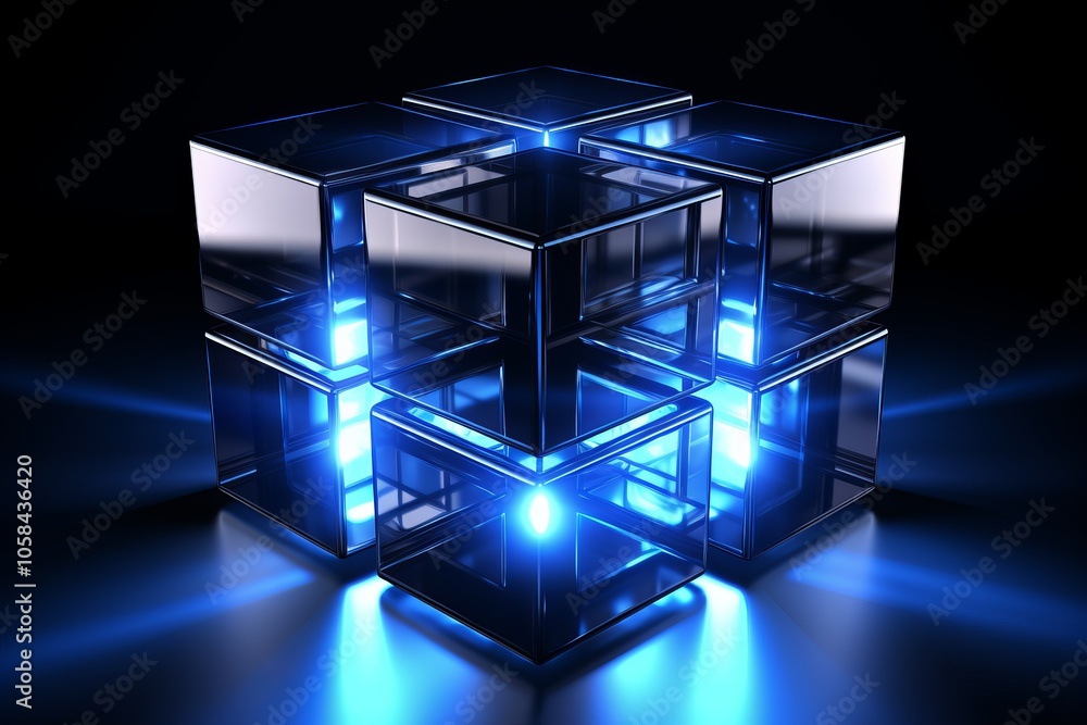 Poster three-dimensional translucent cubes arranged with blue light in a dark space