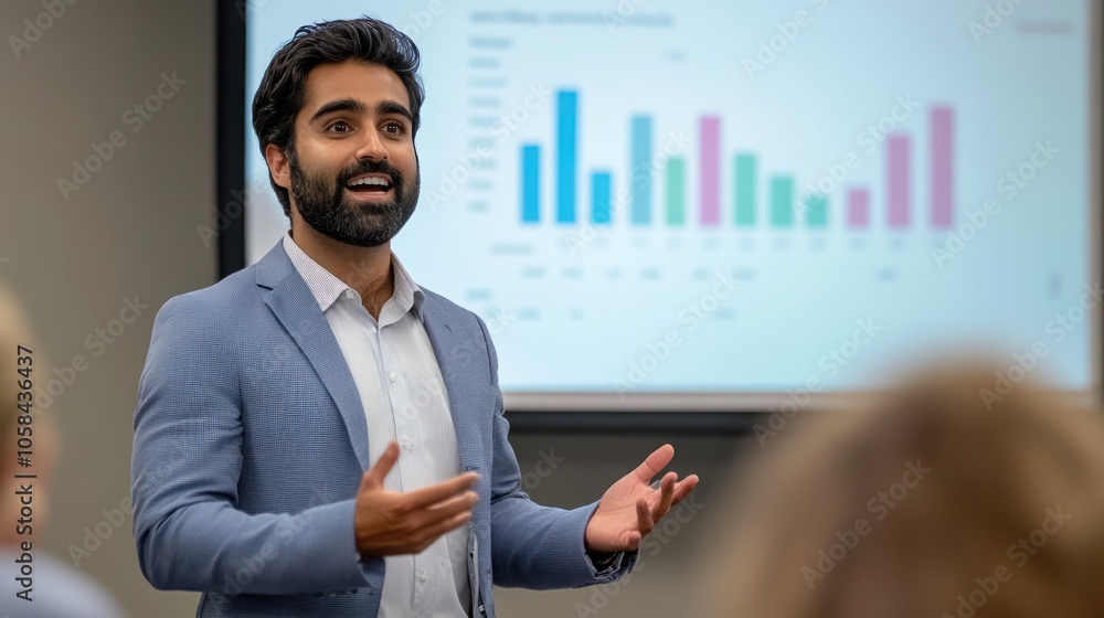 Aufkleber a young businessman gives a presentation to his team, gesturing enthusiastically as he speaks. he is