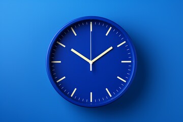 Bright blue wall clock displaying simple time features on a vibrant background
