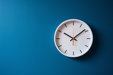 Modern wall clock displaying time against a blue background in a minimalist setting