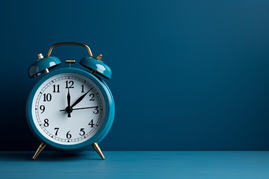 Vintage teal alarm clock on a blue background showcasing timeless charm and elegance