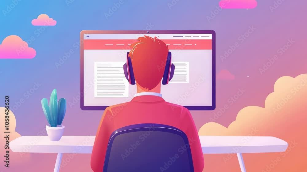 Poster a person at a desk using headphones while working on a computer