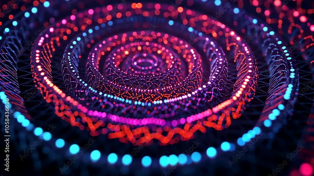 Poster vibrant circular patterns of glowing dots in red and blue