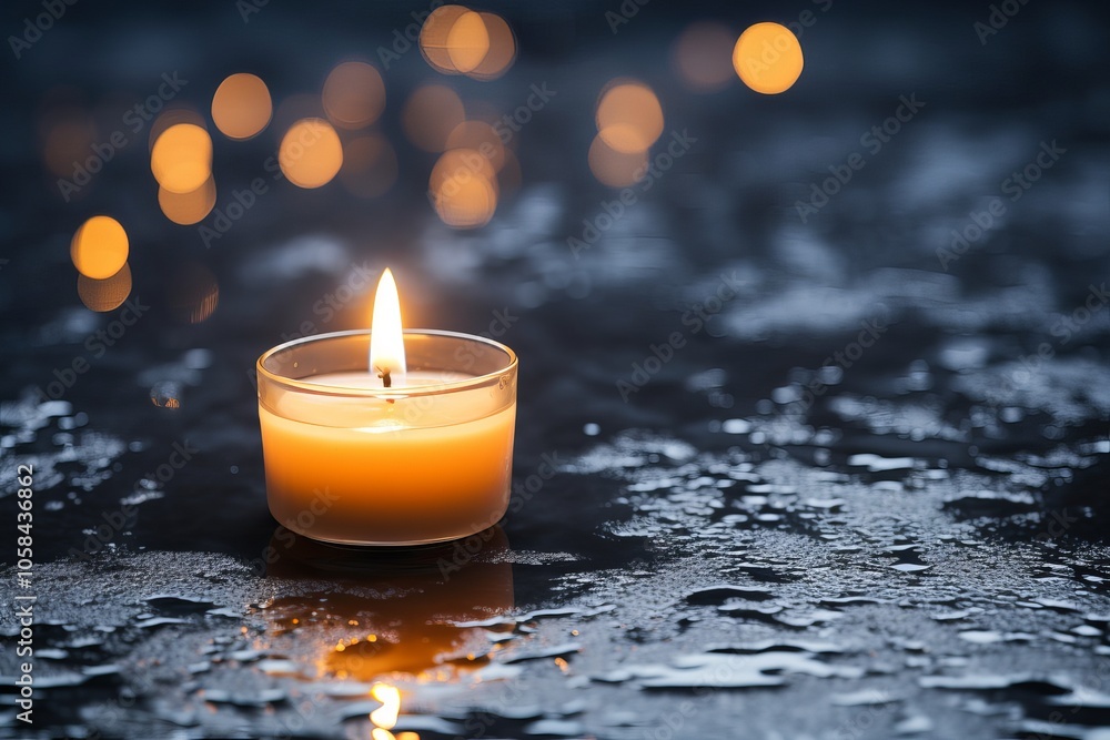 Poster a lit candle sits on a wet surface, surrounded by soft bokeh lights in a tranquil setting at night