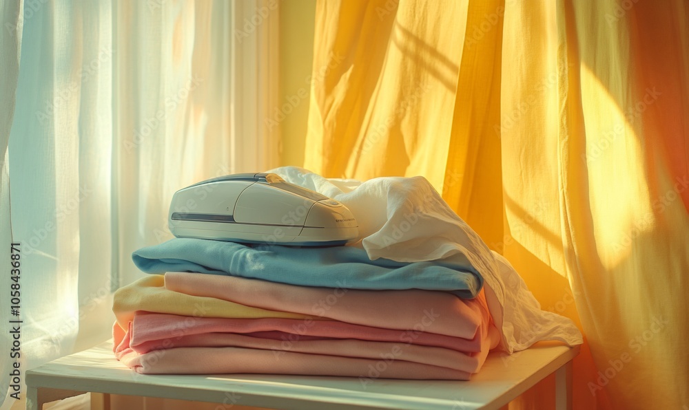Poster A white handheld steamer rests on a stack of folded clothes on a white table in front of a window with yellow curtains and sunlight streaming through.