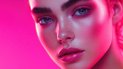 Portrait of a beautiful young woman with vibrant pink makeup and defined thick eyebrows, ideal for beauty salon themes. This beauty image offers a stylish copy space for design use.
