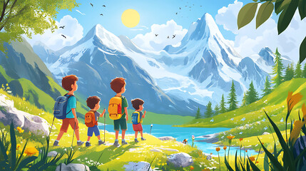 Adventurous boys exploring nature by serene lake and mountains