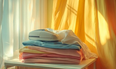 A white handheld steamer rests on a stack of folded clothes on a white table in front of a window with yellow curtains and sunlight streaming through.