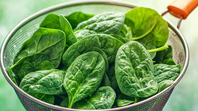 Fresh spinach leaves in a colander,healthy meals and cooking inspiration.