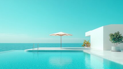 Fototapeta premium Relaxing at a Private Pool by the Beach in a Luxurious Hotel or Vacation Home, Perfect for a Calm and Rejuvenating Getaway