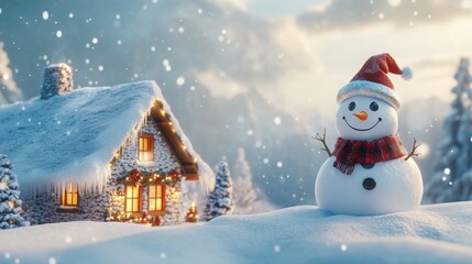 Naklejka premium A happy snowman near a snowy cottage, with plenty of open space in the sky for text.