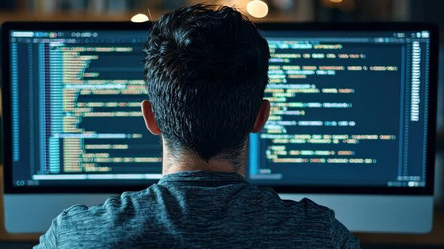 A programmer focused on coding in a dimly lit room with multiple screens displaying lines of code.