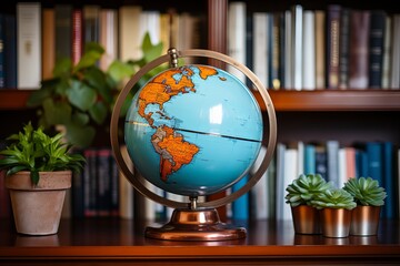 Colorful globe on a wooden shelf surrounded by green plants and books in a cozy library