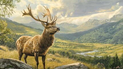Obraz premium A majestic deer with large antlers stands on a rocky outcrop overlooking a valley with a river flowing through it and mountains in the distance.