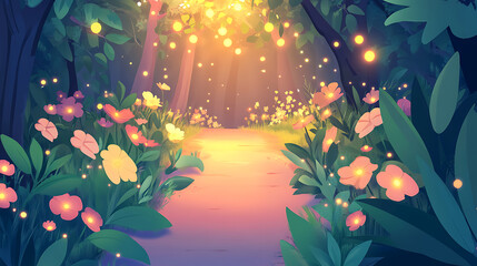 magical forest path filled with colorful flowers and glowing lights
