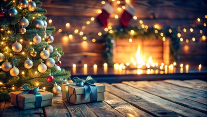 Obraz premium a Christmas tree with a gift in front of a fireplace.