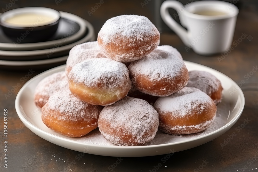 Poster a delicious stack of powdered donuts served with coffee on a rustic table