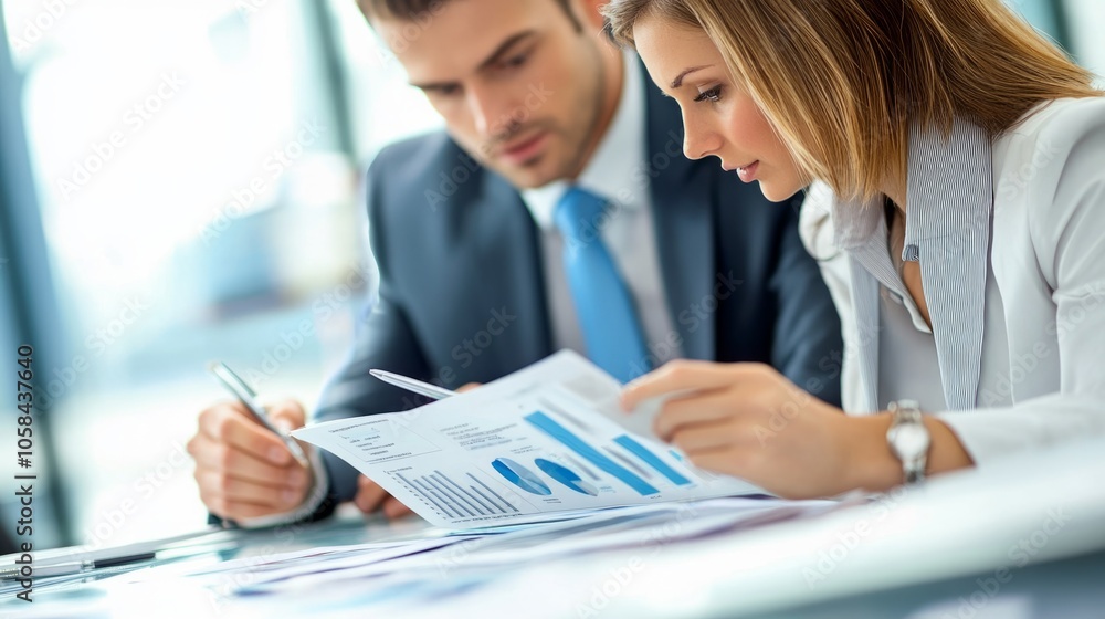 Poster two people are looking at a piece of paper with graphs on it
