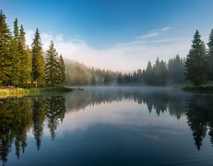 Fototapeta premium Serene Lake with Pine Tree Reflections