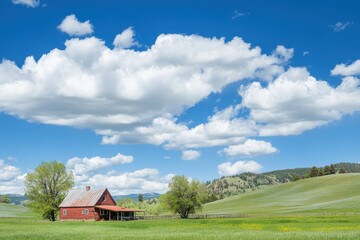 Obraz premium A peaceful countryside scene with a rustic farmhouse, rolling hills, and fluffy clouds drifting lazily across the sky, capturing the idyllic charm and simplicity of rural life in spring.