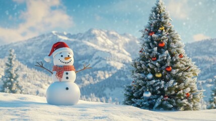 Obraz premium A happy snowman standing next to a large tree, with snow-covered hills in the background and space for text above.