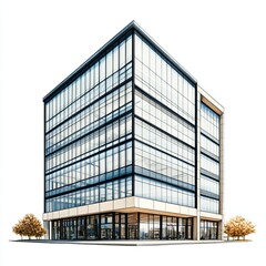 Fototapeta premium Modern office building or business center with glass windows, isolated on a white background. 