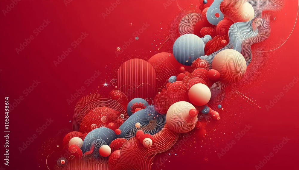 Aufkleber dynamic red and blue abstract design with flowing spheres and wavy lines, ideal for creative project