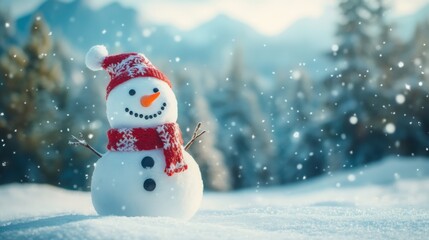 Obraz premium A happy snowman with a red scarf and carrot nose, surrounded by falling snowflakes, with a mountain range in the background and copy space above.