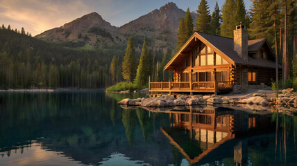 Fototapeta premium Mountain retreat cabin by lakeside surrounded by green trees