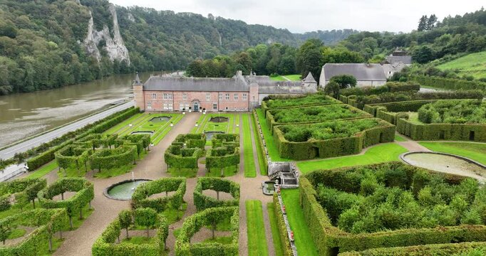 An aerial drone video on the castle of Freyr, Meuse river, between Waulsort and Dinant, Belgium.