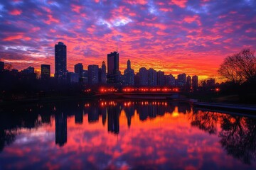 Fototapeta premium A vibrant city skyline at dusk with clouds painted in fiery hues of red, orange, and purple, reflecting the sunset and creating a stunning backdrop, capturing the urban beauty and atmospheric drama.