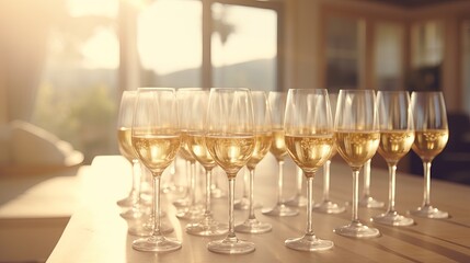 Celebration with sparkling wine glasses arranged elegantly in warm afternoon light