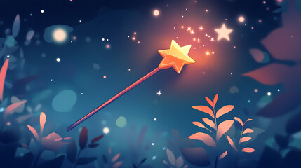 magical wand with stars glows in whimsical forest setting