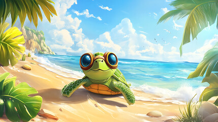 Cute turtle on beach with palm trees and ocean waves, enjoying sunny day