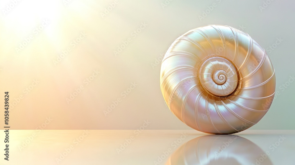 Poster a beautifully iridescent shell resting on a reflective surface.