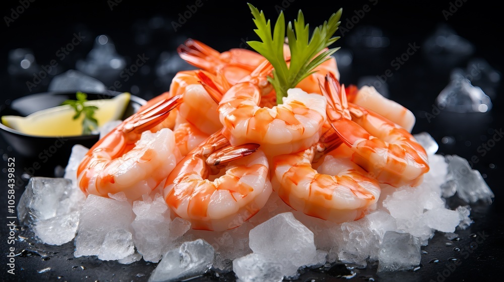 Poster freshly prepared shrimp served on a bed of ice with lemon and garnish in a dark setting