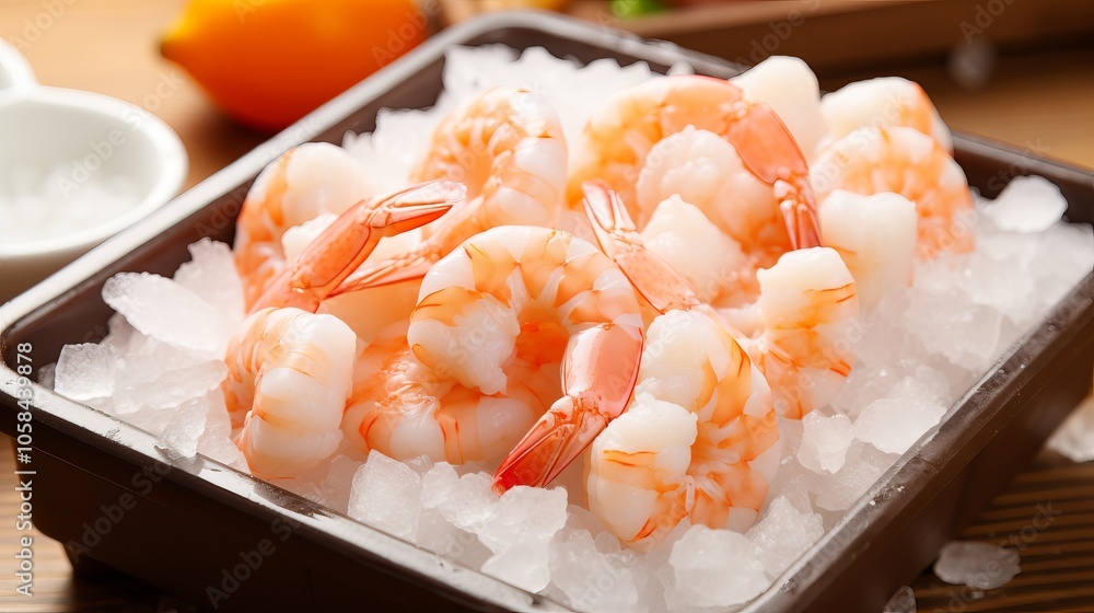 Poster freshly prepared shrimp served on crushed ice in a rustic dining setting
