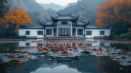 Obraz premium Traditional Chinese Architecture, Hui Style with White Buildings, Trees, and Minimalist Design, Perfect for Car Advertisements with Light and Shadow Effects