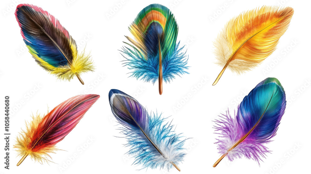 Poster colorful bird feathers on a clear background generative ai