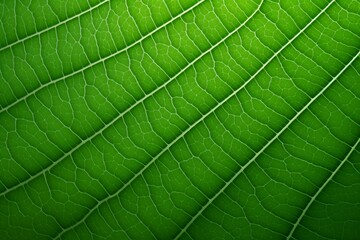 Obraz premium Close-up view of a vibrant green leaf showcasing intricate vein patterns in natural lighting