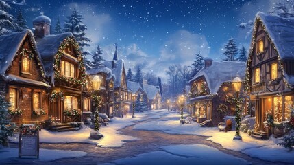 Fototapeta premium Winter Wonderland Village with Snow and Holiday Lights