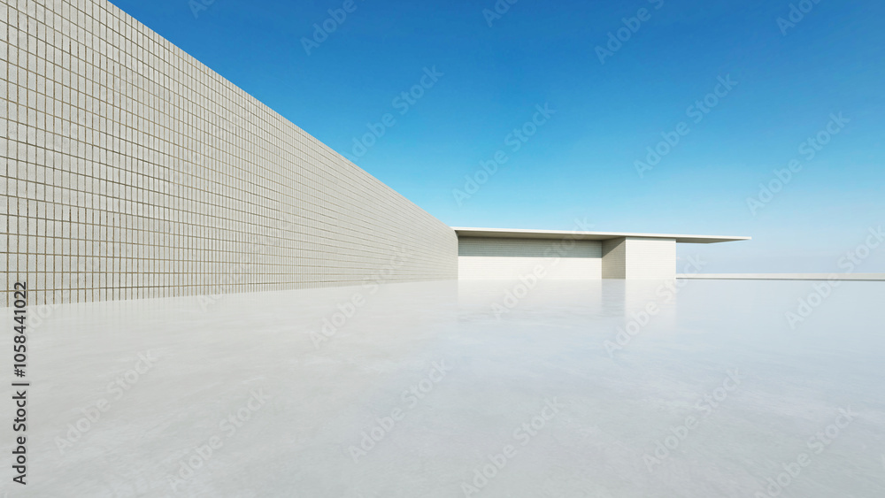 Aufkleber 3d render of abstract modern concrete white architecture with empty cement floor, minimal exterior, car presentation background.