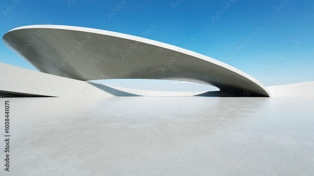 Poster 3d render of white futuristic architecture, abstract wavy structure with empty concrete floor.