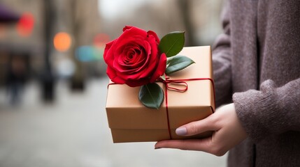 A person holding a gift box adorned with a red rose in a city street during daylight