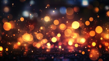 Happy New Year 2025 text on blurry bokeh lights, warm sparks for an elegant holiday greeting.